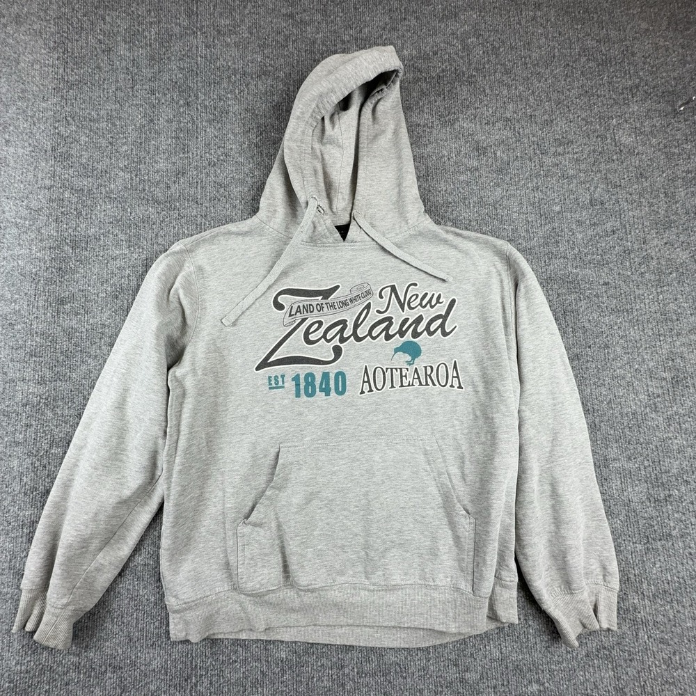 Wild Kiwi Hoodie Mens Large Gray New Zealand Aotearoa Graphic Fleece Pullover